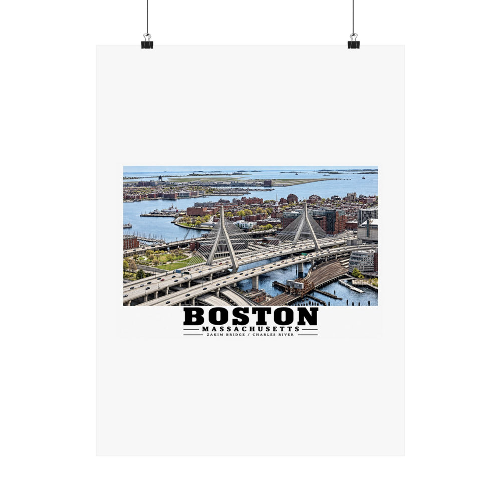 Aerial view of Boston with Zakim Bridge across Charles Matte Heritage Poster — 11 × 14 and 18 × 24 in - Charles River