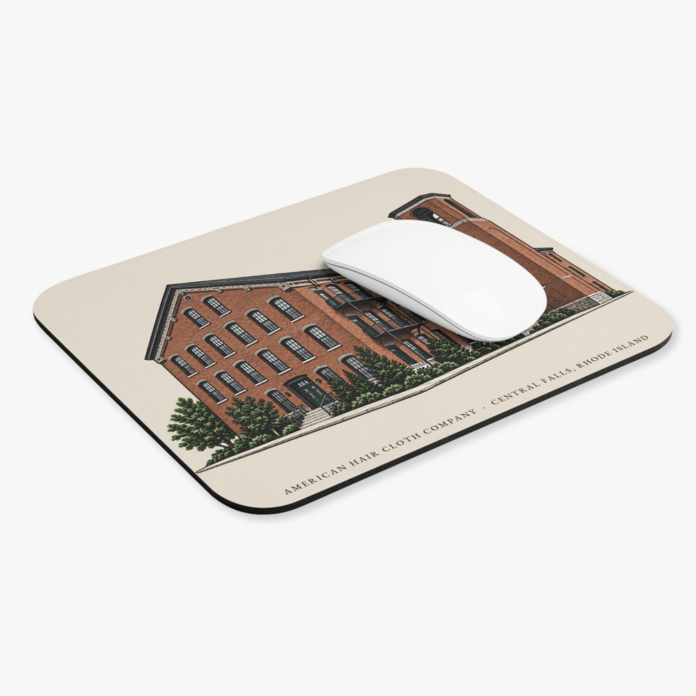 Central Falls American Hair Cloth Company mouse pad mockup showing the full illustrated print