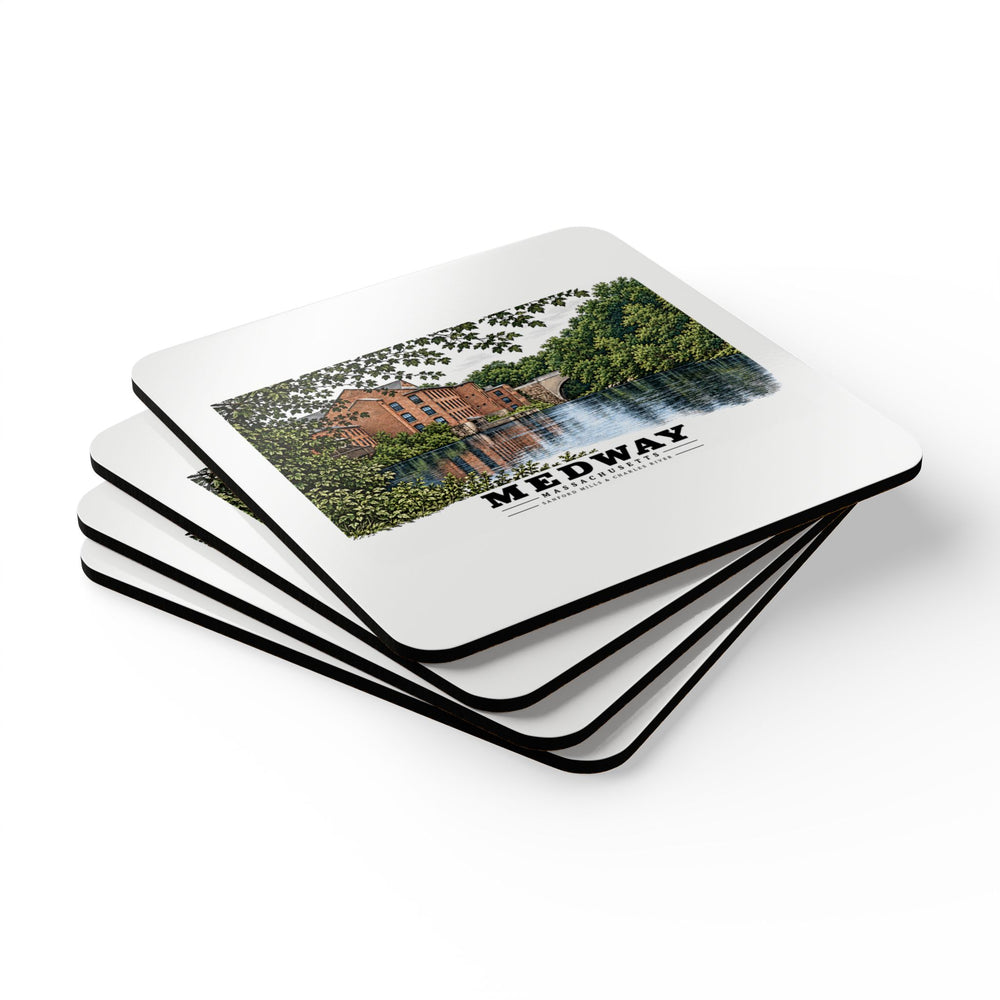 Sanford Mills and Sanford Street Bridge, Charles River, Medway village Cork Back Coaster Set - Charles River