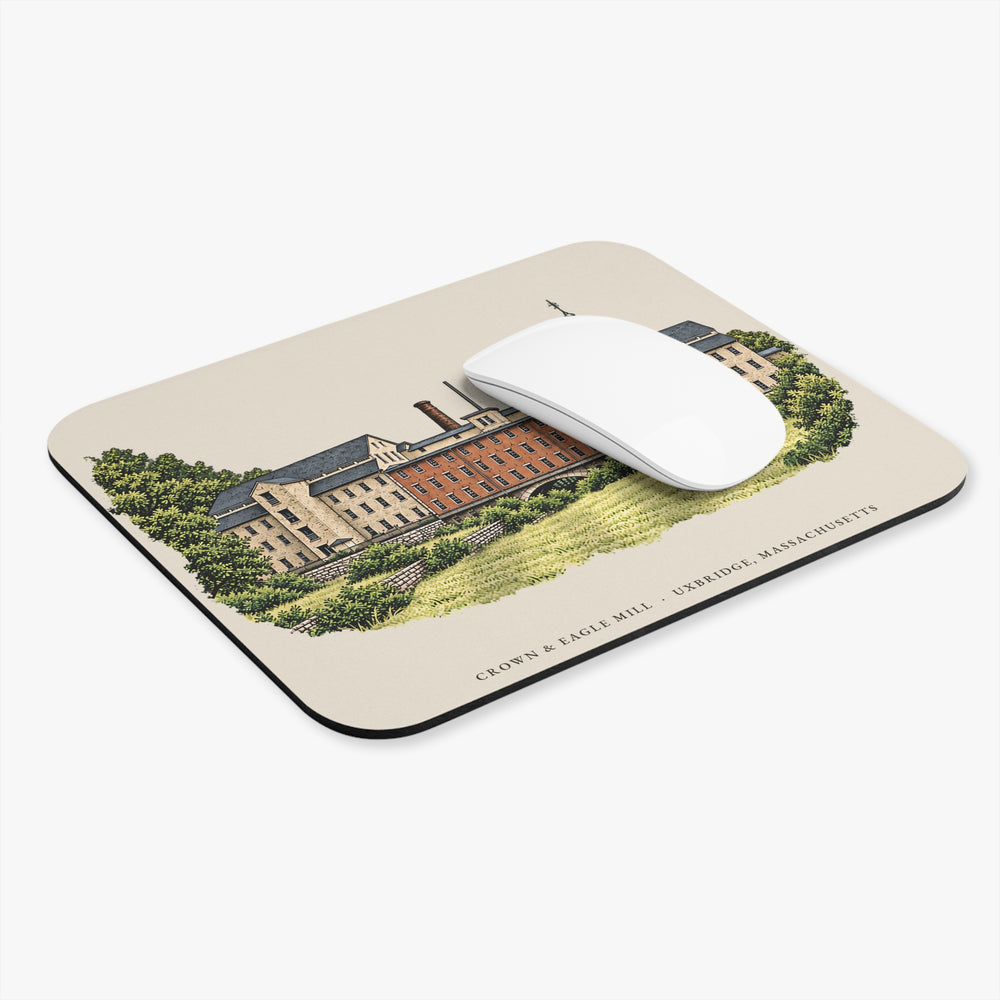 Uxbridge Crown & Eagle Mill mouse pad mockup showing the full illustrated print