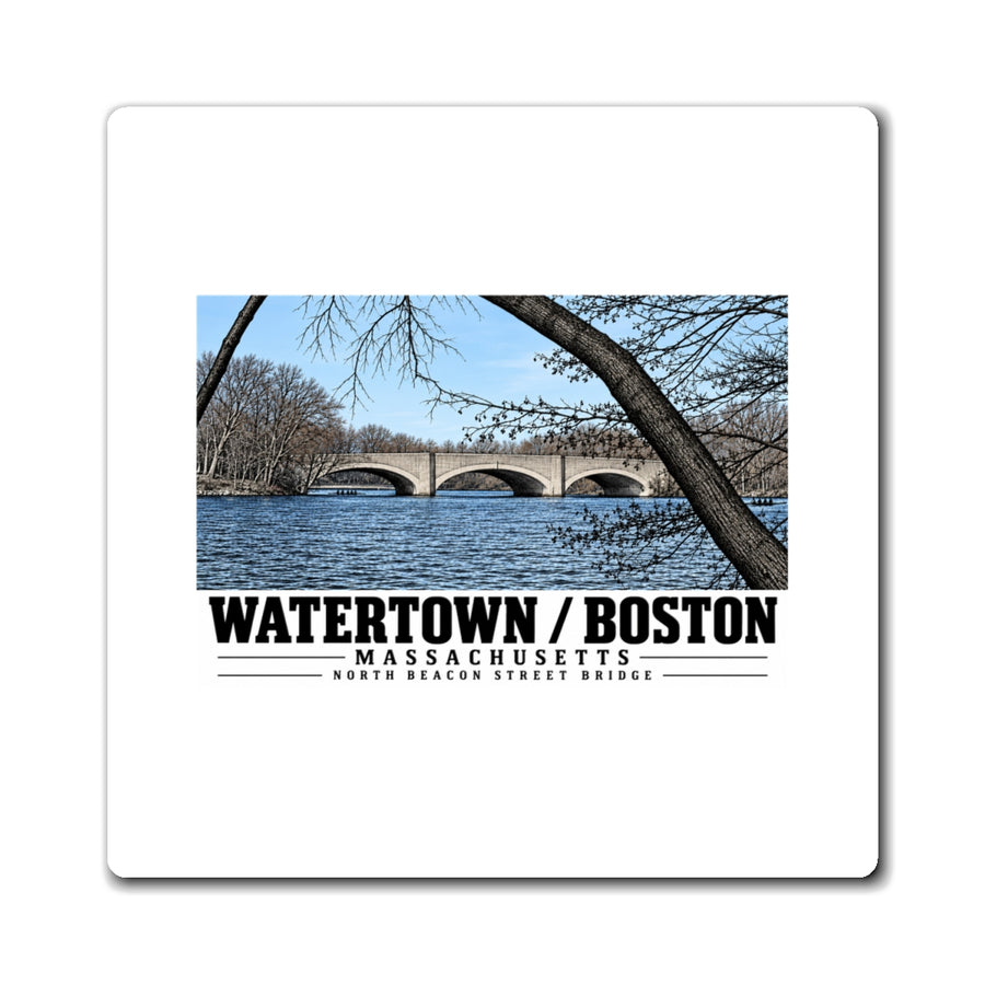 White rectangular magnet showing North Beacon Street Bridge stone arches framed by a bare tree artwork and Watertown/Boston lettering
