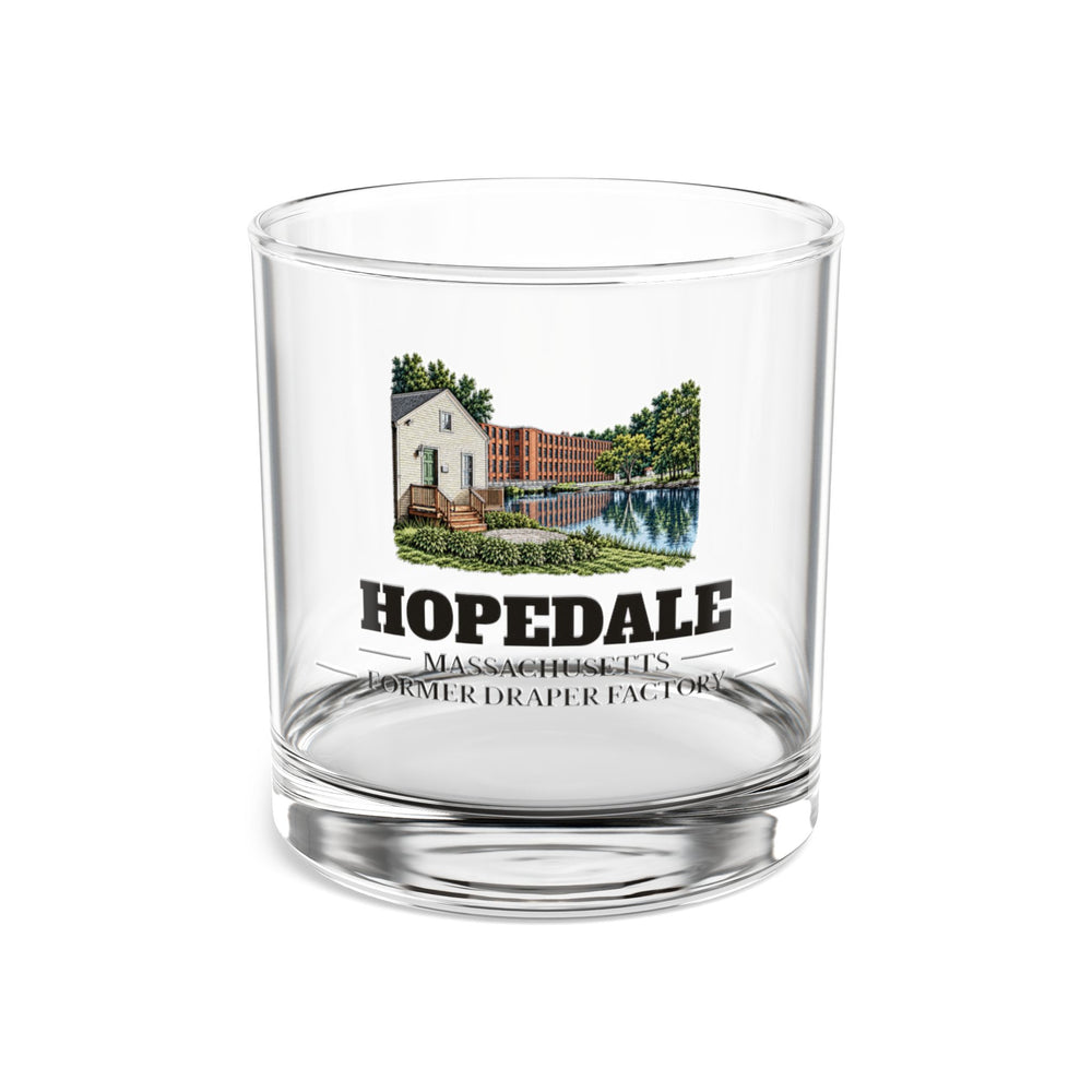 Front view of the Hopedale Former Draper Factory artwork printed on a clear 10 oz rocks glass