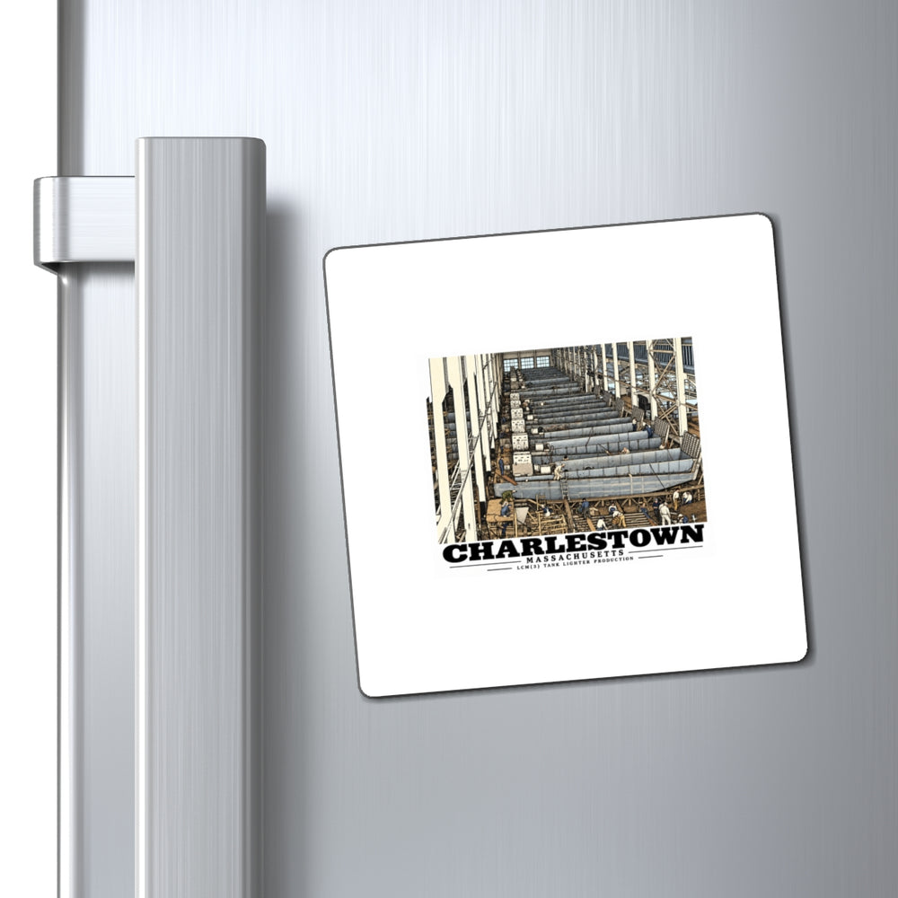 Landing-craft magnet displayed on refrigerator