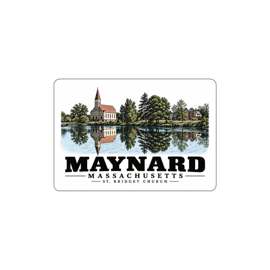 Illustrated St. Bridget Church in Maynard on die-cut sticker