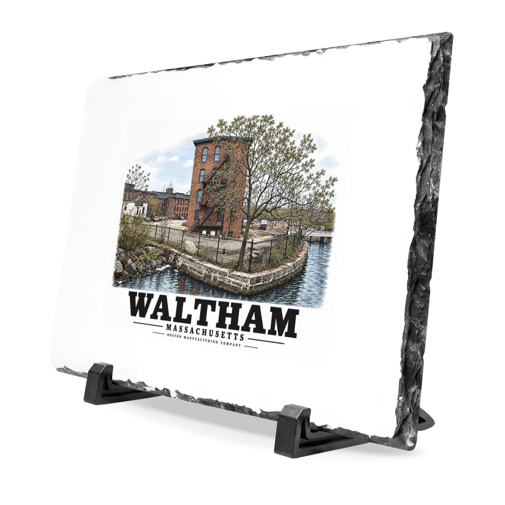Illustrated Boston Manufacturing Company in Waltham on slate desk plaque