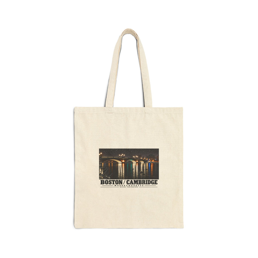Natural fabric tote with Weeks Footbridge illuminated night view with water reflections artwork and Boston/Cambridge lettering