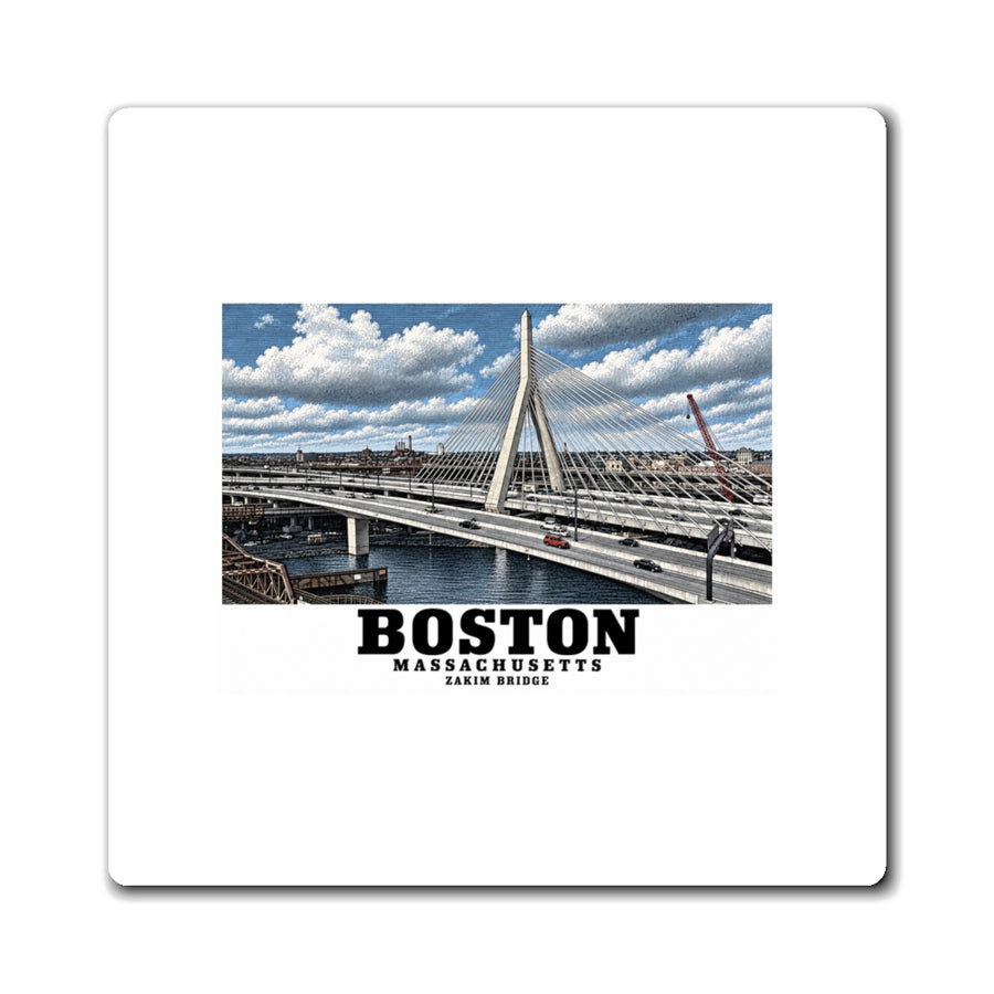 White rectangular magnet showing Zakim Bunker Hill Bridge cable-stayed towers and Charles River artwork and Boston lettering