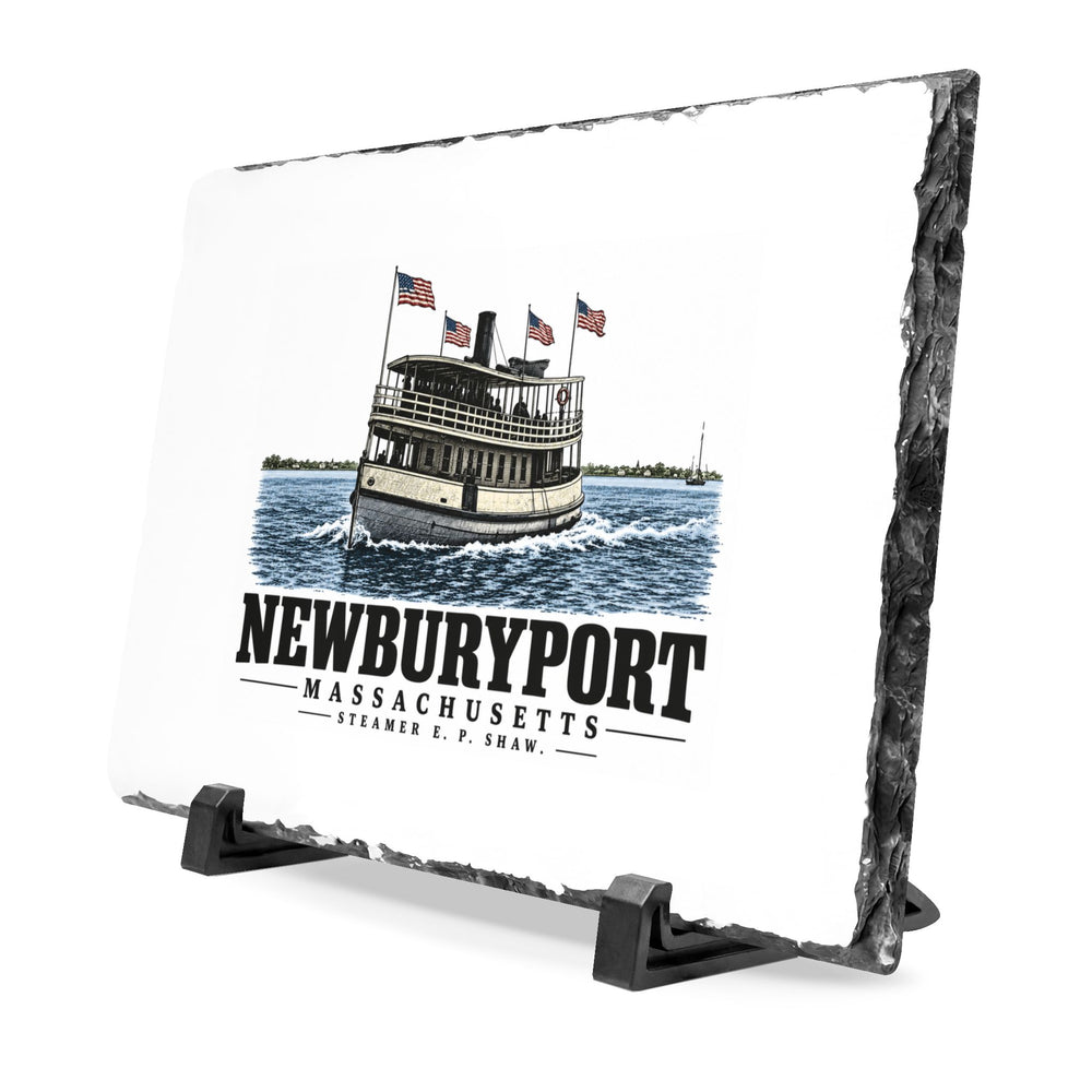 Angled front on display stands of Steamer E. P. Shaw slate desk plaque, with Newburyport, Massachusetts artwork and lettering.