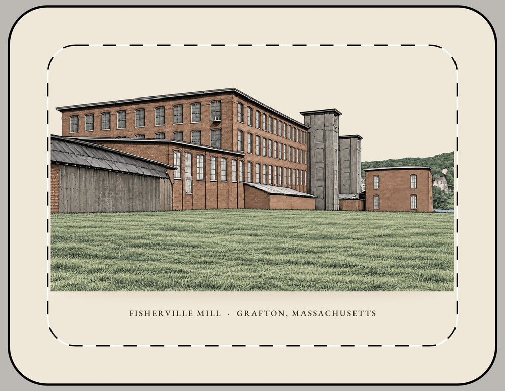Grafton Fisherville Mill 15-inch laptop sleeve mockup showing the full illustrated print