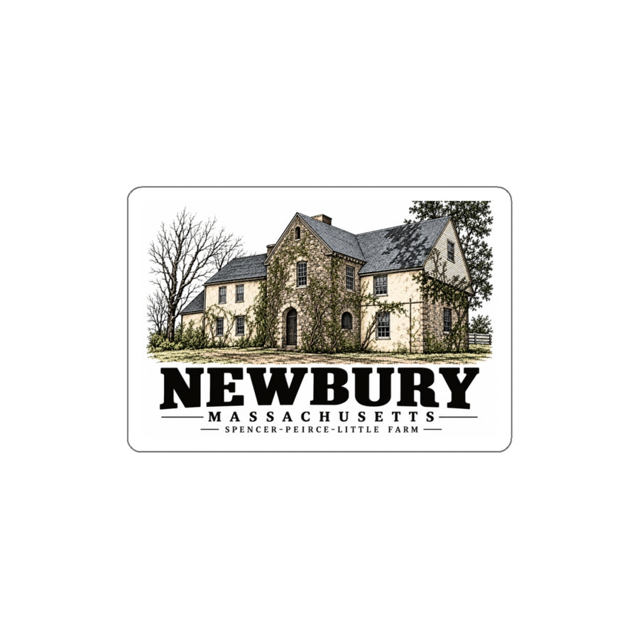 Front of Spencer-Peirce-Little Farm white die-cut sticker, with Newbury, Massachusetts artwork and lettering.