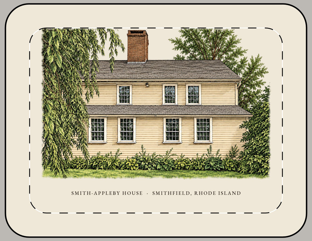 Smithfield Smith-Appleby House 15-inch laptop sleeve mockup showing the full illustrated print