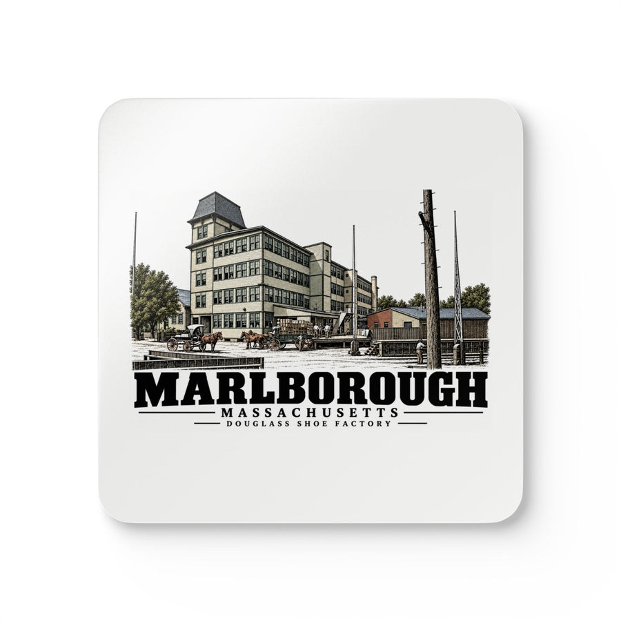 Illustrated Douglass Shoe Factory in Marlborough on corkwood coaster set