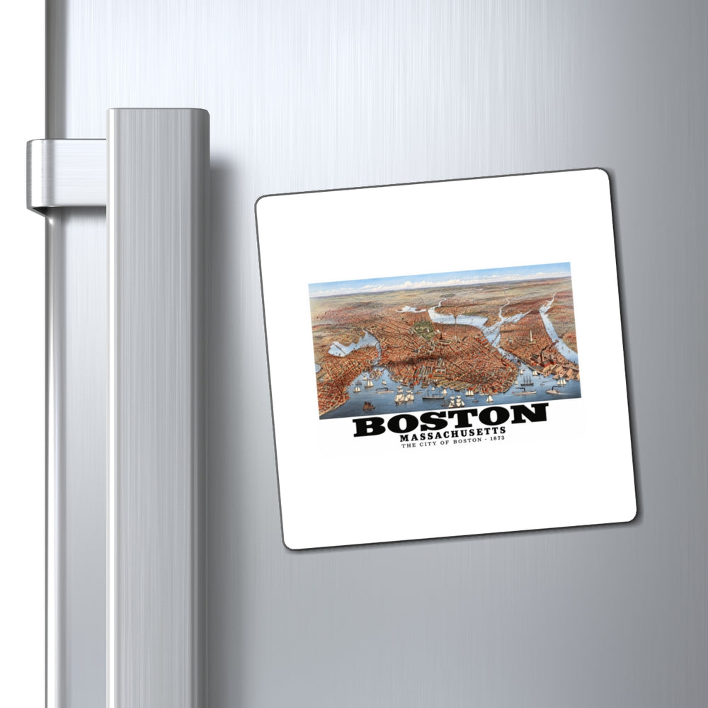 historic Boston city and waterways bird-eye panorama magnet on a refrigerator beside its handle