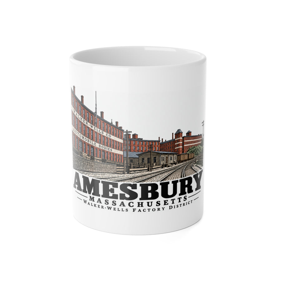 Front of Walker-Wells Factory District white ceramic mug, Amesbury, Massachusetts.