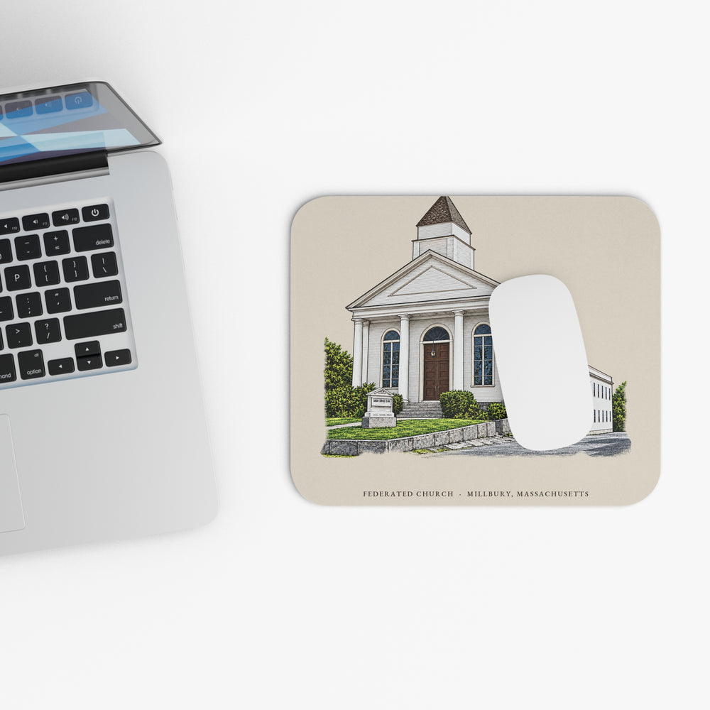 Millbury Federated Church / First Presbyterian Meeting House mouse pad mockup showing the full illustrated print