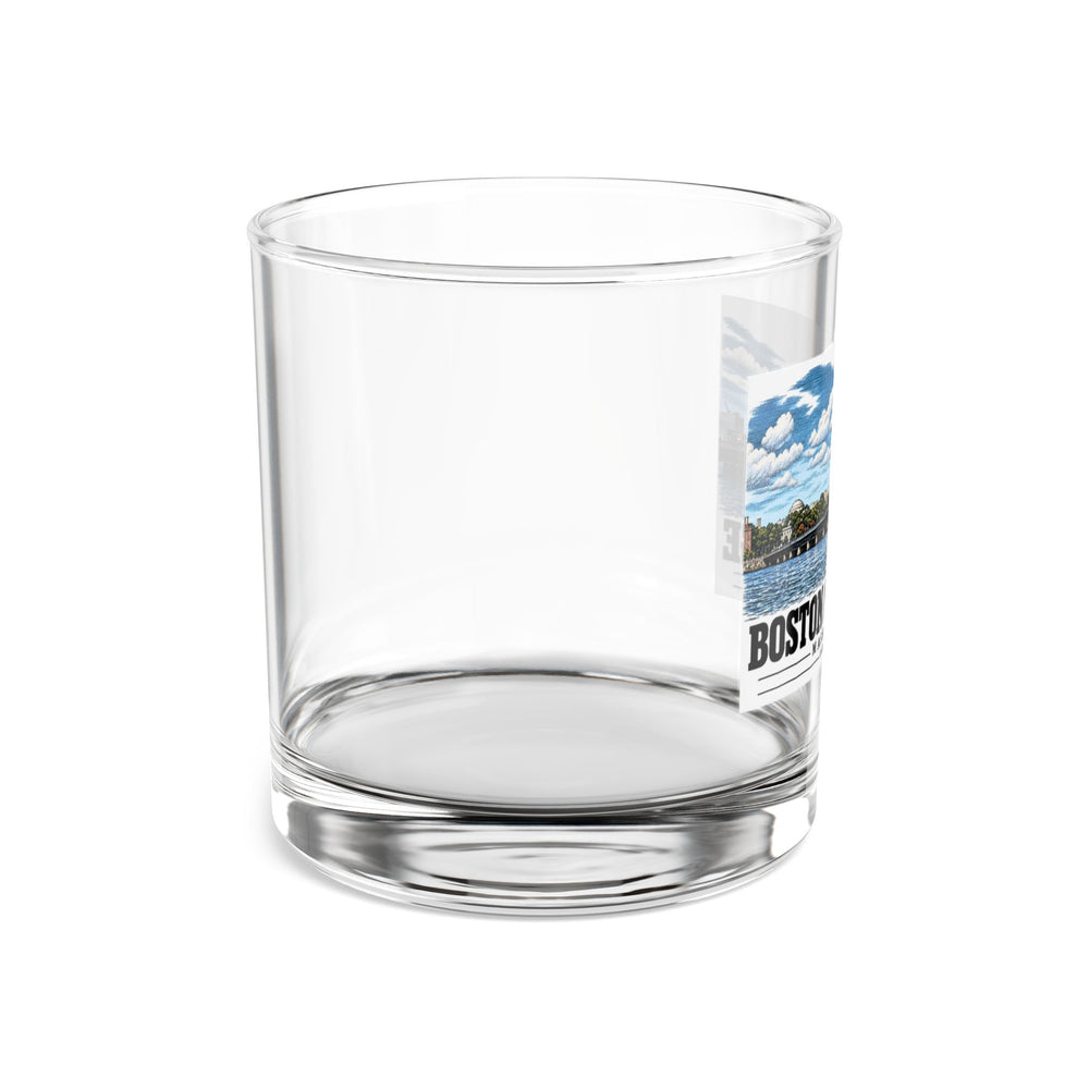 Side view of clear rocks glass with mostly unprinted surface and part of Harvard Bridge river and skyline view print at right