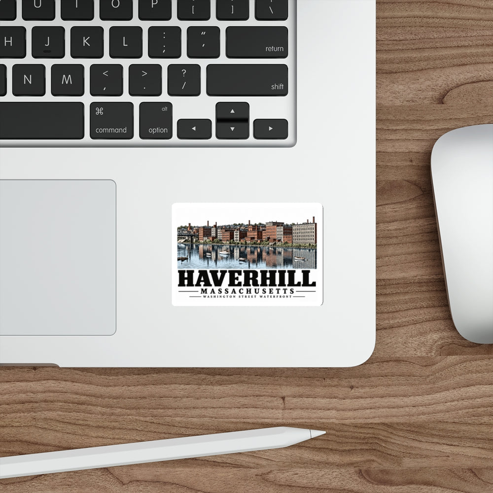 Laptop display of Washington Street waterfront white die-cut sticker, with Haverhill, Massachusetts artwork and lettering.