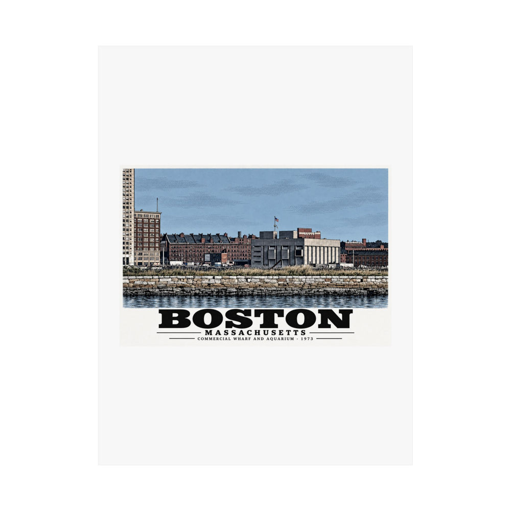 Flat Commercial Wharf and Aquarium waterfront buildings, stone seawall and harbor water poster with Boston lettering