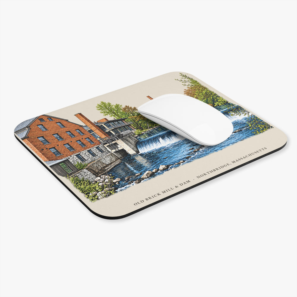 Northbridge Old Brick Mill and Mumford River Dam mouse pad mockup showing the full illustrated print