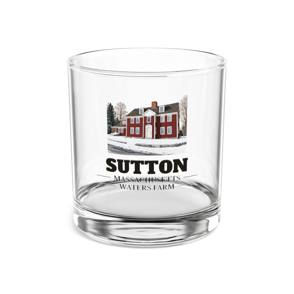 Front view of the Sutton Waters Farm artwork printed on a clear 10 oz rocks glass