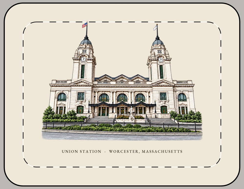 Worcester Union Station 15-inch laptop sleeve mockup showing the full illustrated print