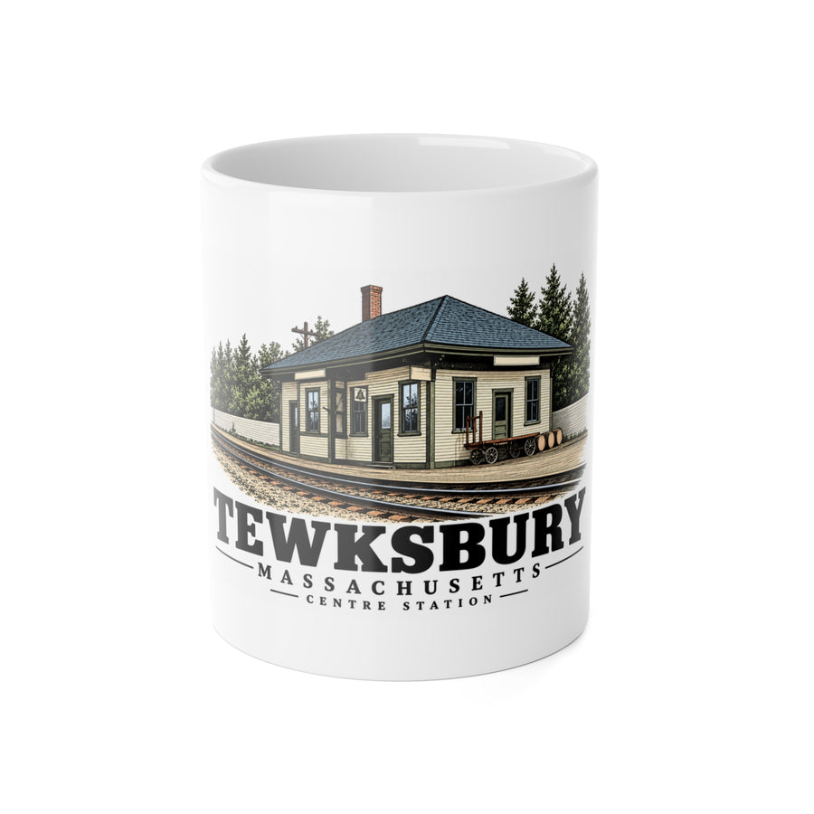 Front of Centre Station white ceramic mug, Tewksbury, Massachusetts.