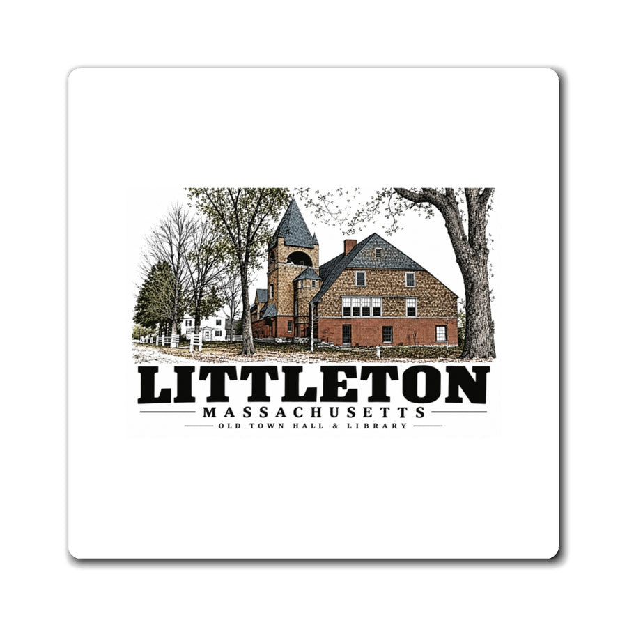 Illustrated Old Town Hall & Library in Littleton on square magnet