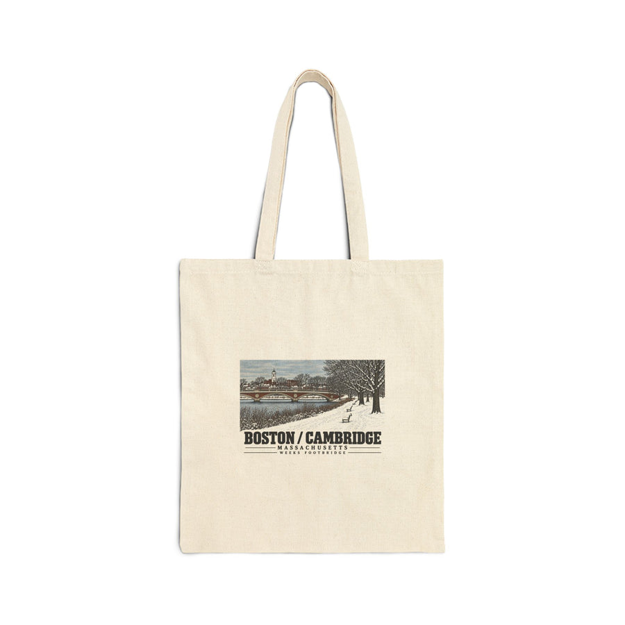 Natural fabric tote with Weeks Footbridge winter riverbank view with snow and benches artwork and Boston/Cambridge lettering