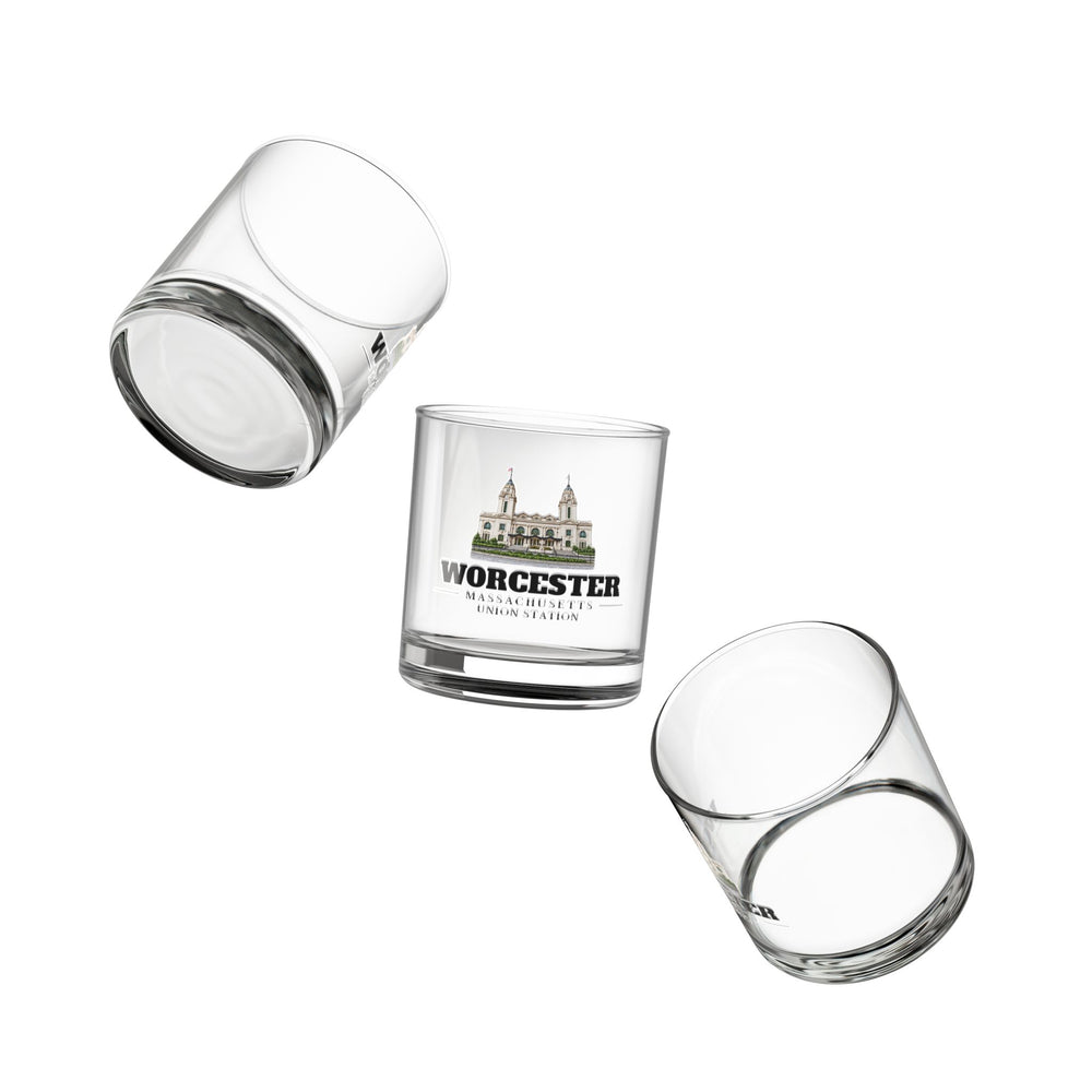 Angled view of Worcester Union Station 10 oz Rocks Glass
