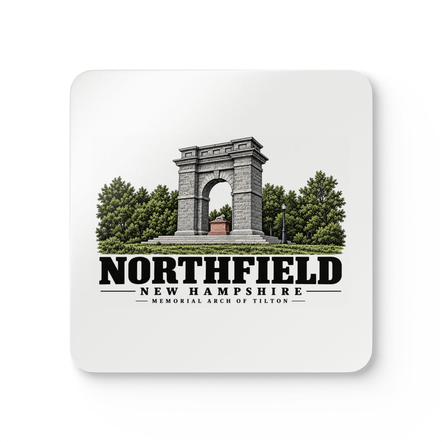 Front of Memorial Arch of Tilton square cork-backed coaster set, Northfield, New Hampshire.