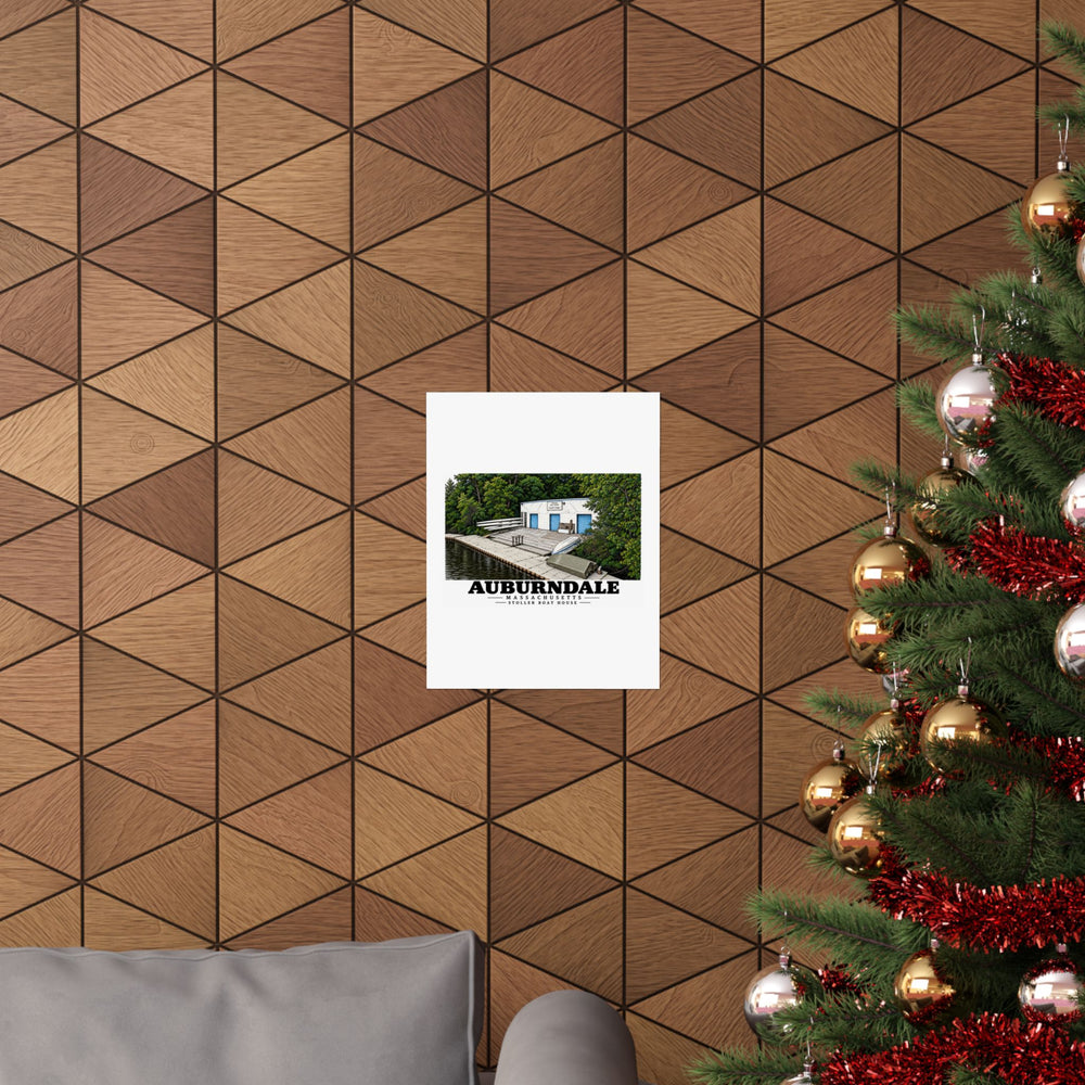 Auburndale Stoller Boathouse matte poster displayed above a sofa beside a decorated tree.