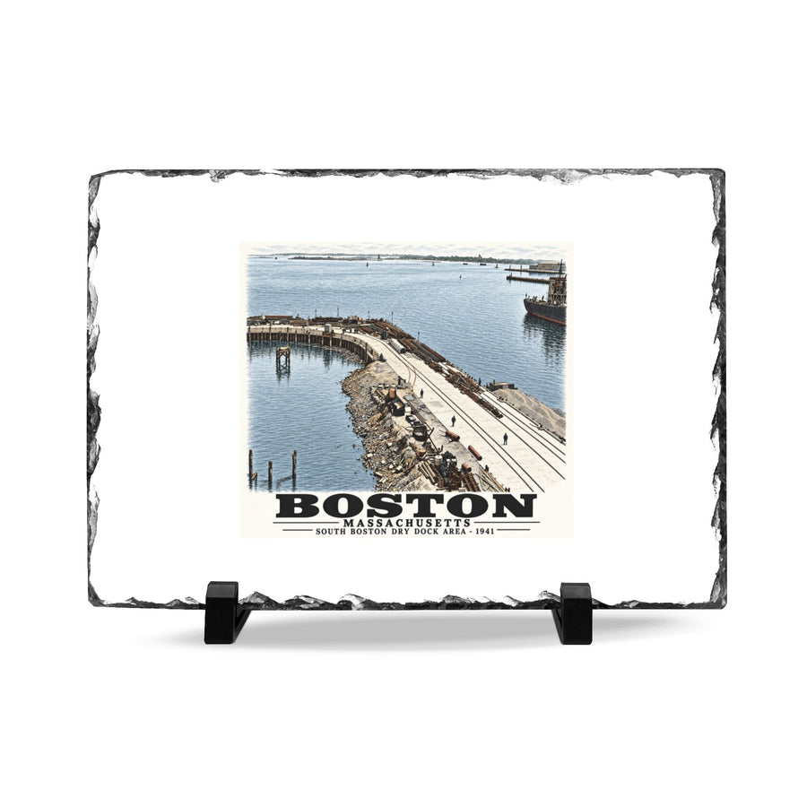 South Boston Dry Dock Area April 16-41 from roof of elevator shaft S 7 × 11 in Slate Desk Plaque - Boston Harbor