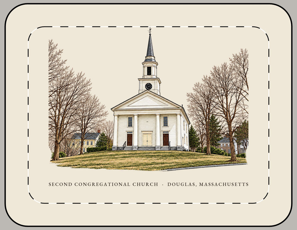 Douglas Second Congregational Church 15-inch laptop sleeve mockup showing the full illustrated print