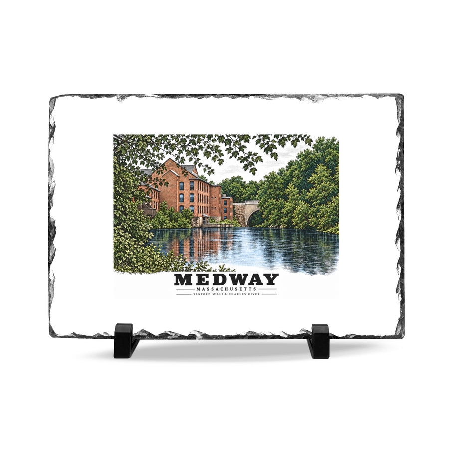 Sanford Mills and Sanford Street Bridge, Charles River, Medway village 7 × 11 in Slate Desk Plaque - Charles River