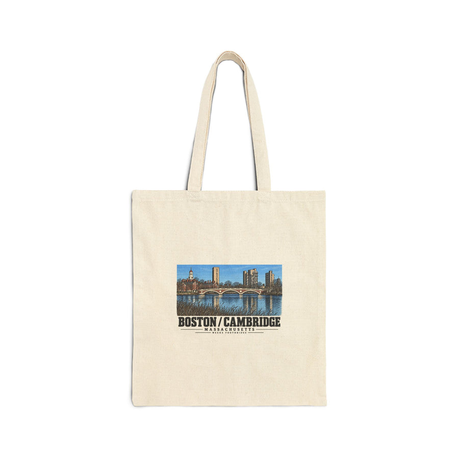 Natural fabric tote with Weeks Footbridge stone arches and riverside towers artwork and Boston/Cambridge lettering