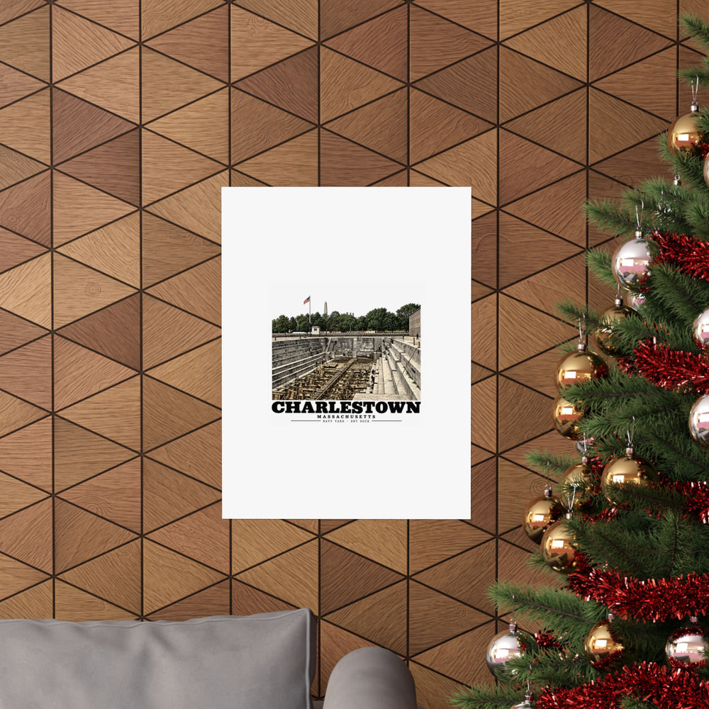 18 x 24 inch dry-dock poster displayed on wooden wall beside holiday tree