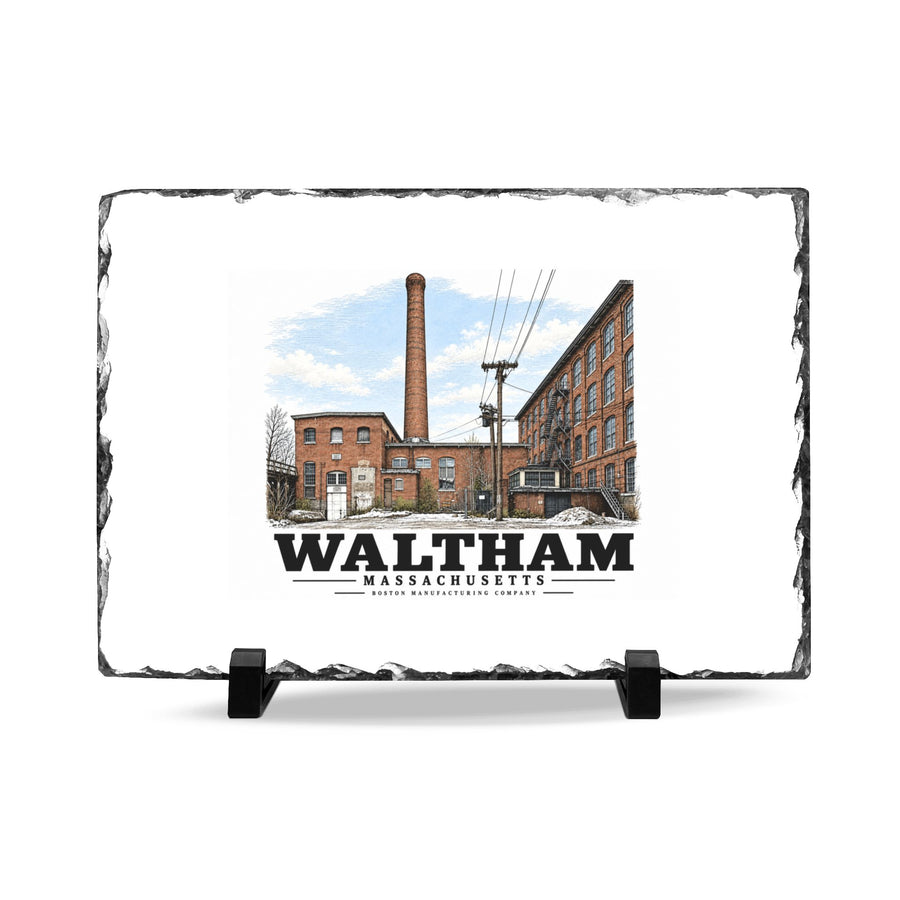 Illustrated Boston Manufacturing Company in Waltham on slate desk plaque