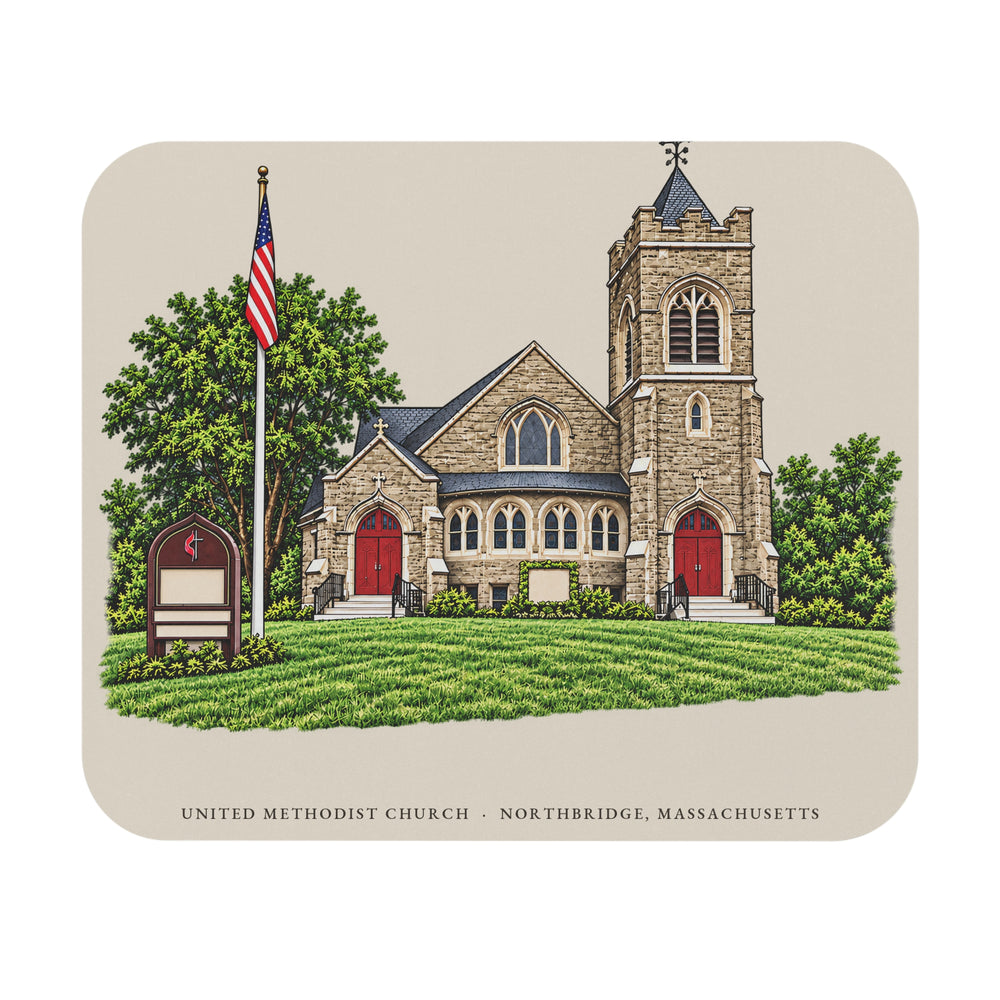 Northbridge United Methodist Church mouse pad mockup showing the full illustrated print