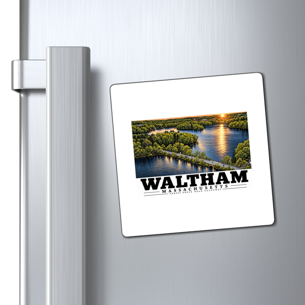 Forest Grove Road Causeway square magnet attached to a stainless steel refrigerator door.