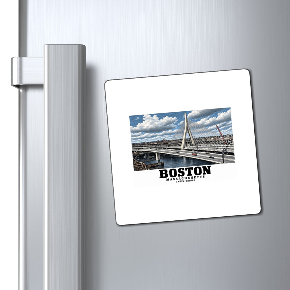 Zakim Bunker Hill Bridge cable-stayed towers and Charles River magnet on a refrigerator beside its handle