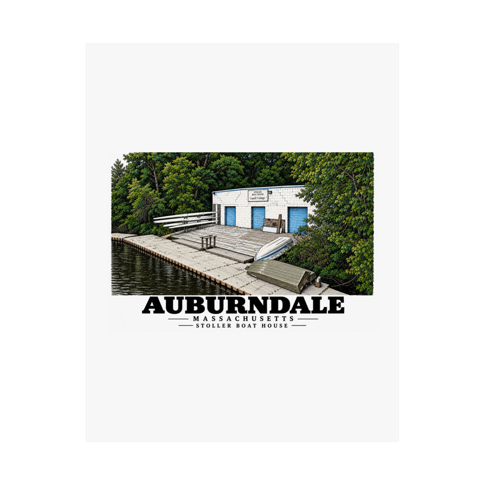 Flat front view of the Auburndale Stoller Boathouse matte poster on a white background.