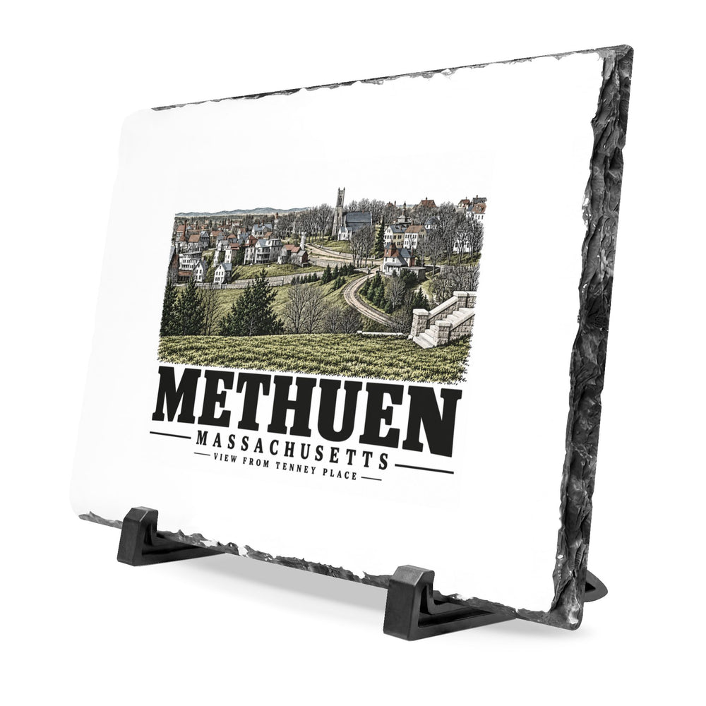 Angled front on display stands of View from Tenney Place slate desk plaque, with Methuen, Massachusetts artwork and lettering.