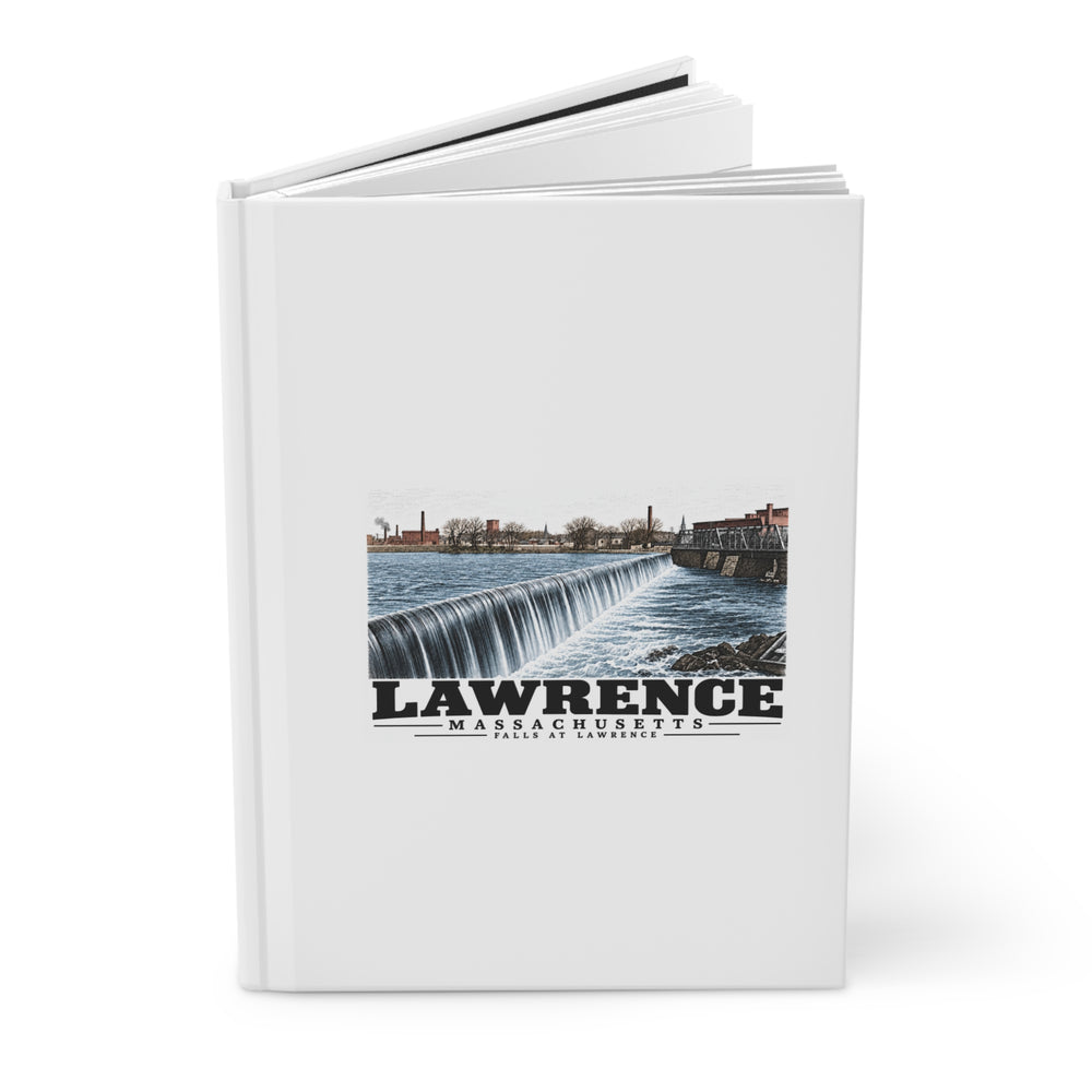 Angled front cover of Falls at Lawrence matte hardcover journal, Lawrence, Massachusetts.