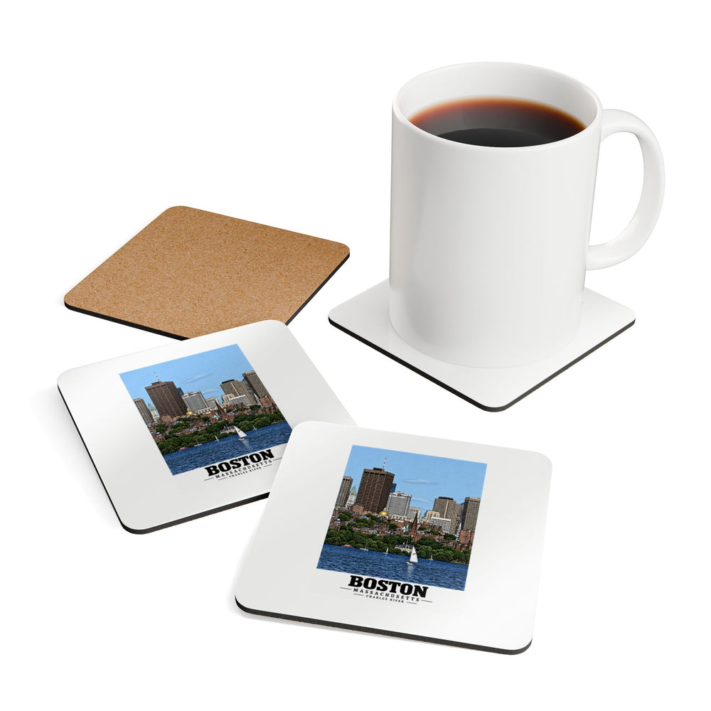 Illustrated View of Boston, Massachusetts, from the Charles River in Boston and Cambridge on corkwood coaster set