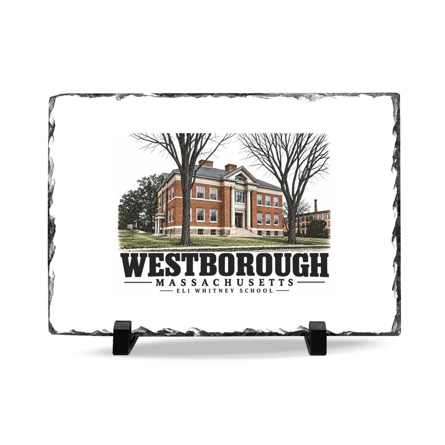 Illustrated Eli Whitney School in Westborough on slate desk plaque