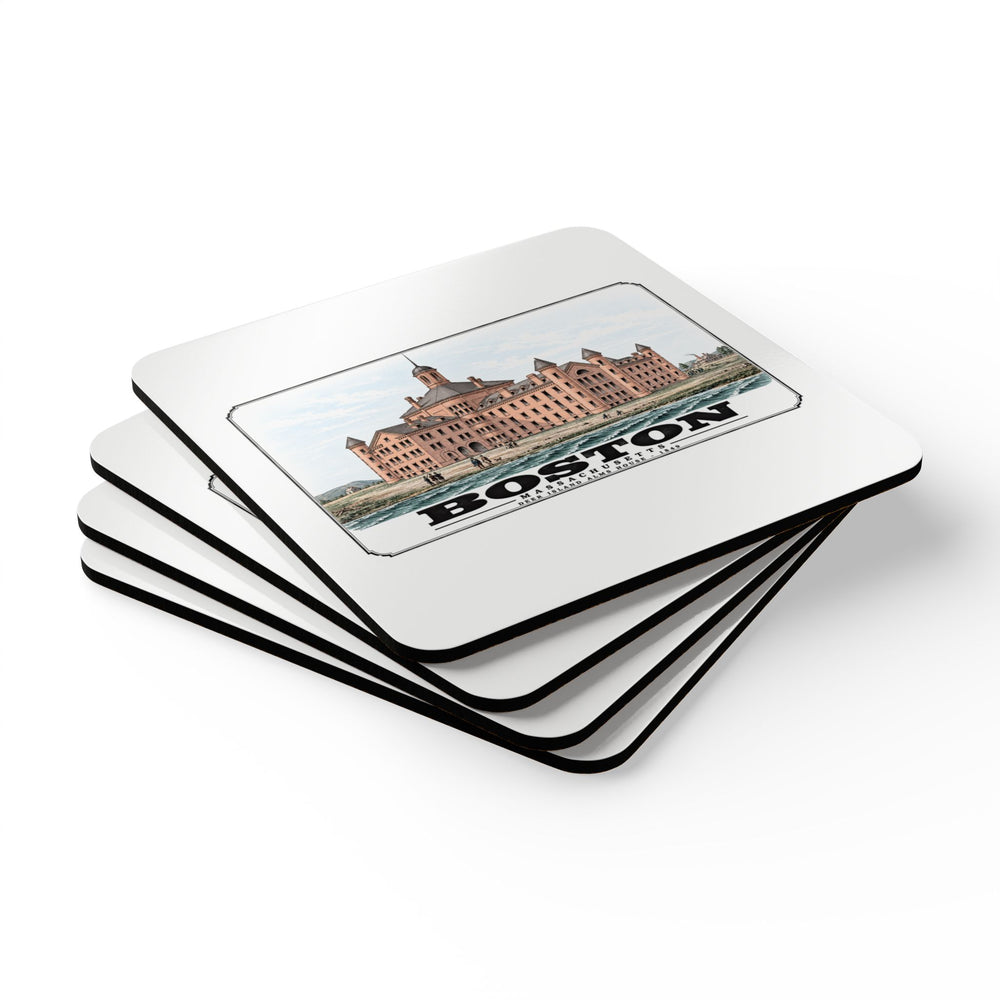 Stack of square coasters with large symmetrical alms house building, grounds and figures artwork visible on the top coaster
