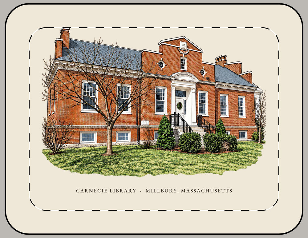 Millbury Carnegie Library 15-inch laptop sleeve mockup showing the full illustrated print