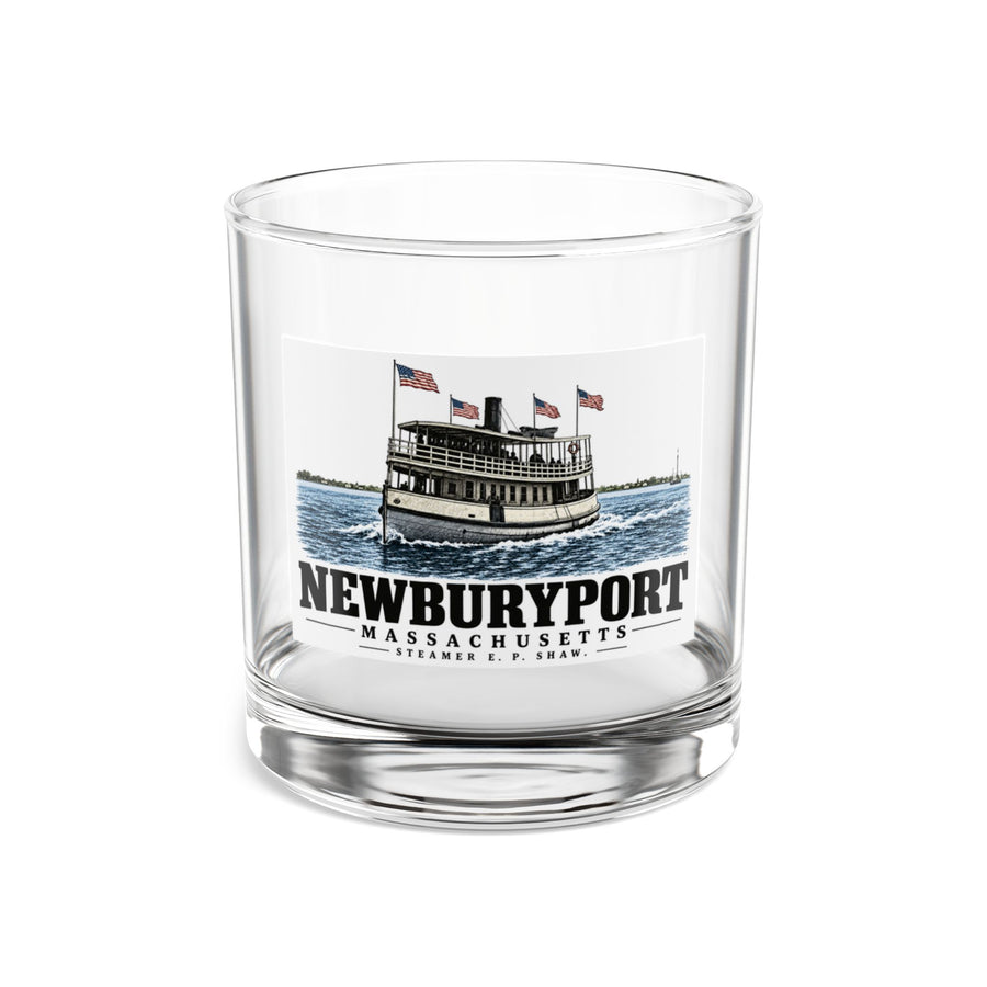 Front of Steamer E. P. Shaw rocks glass, with Newburyport, Massachusetts artwork and lettering.