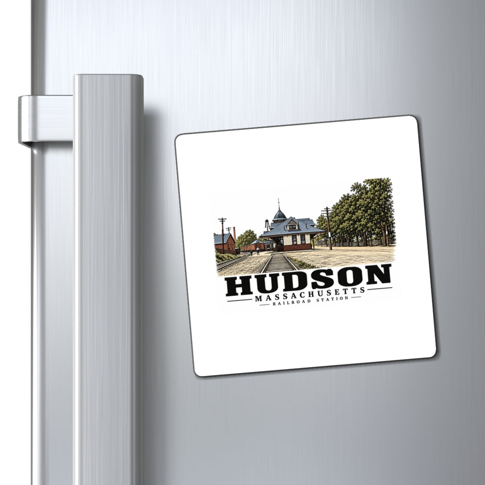 Illustrated Railroad Station in Hudson on square magnet