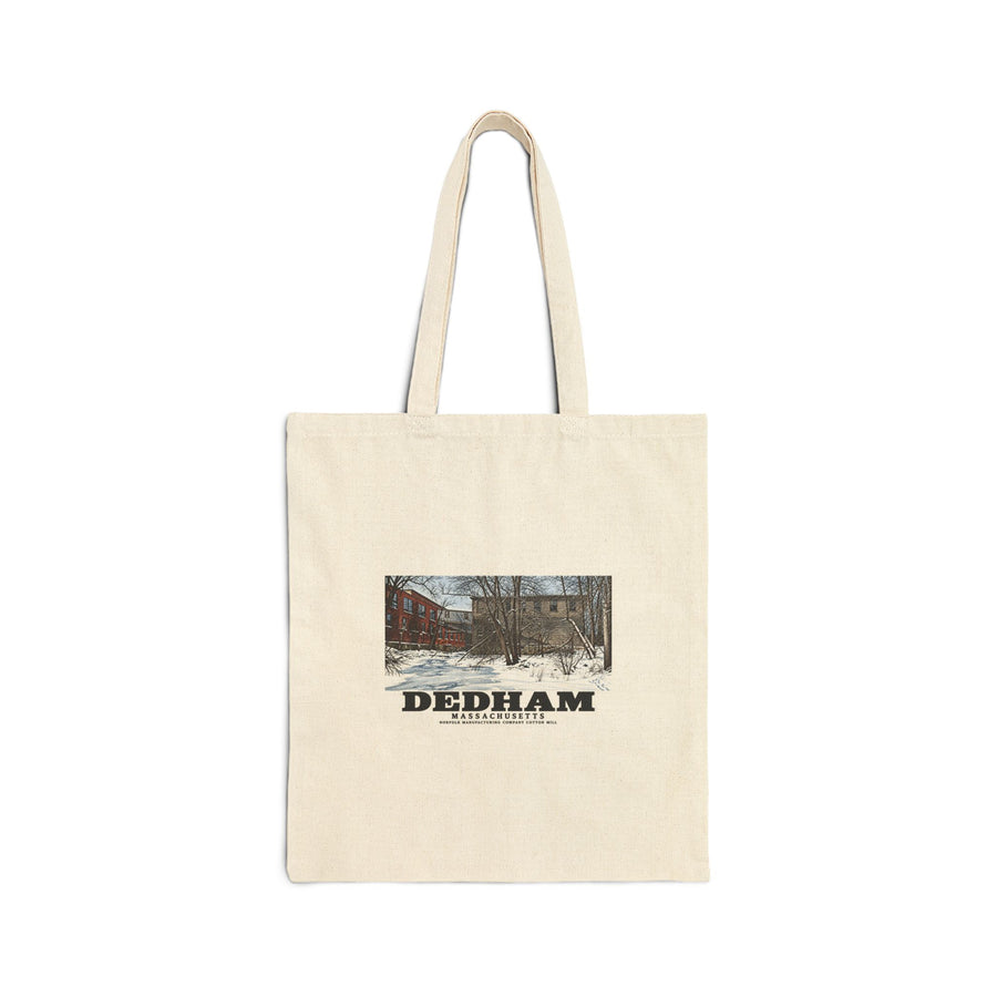 Illustrated Norfolk Manufacturing Company Cotton Mill in Dedham on cotton canvas tote — natural canvas